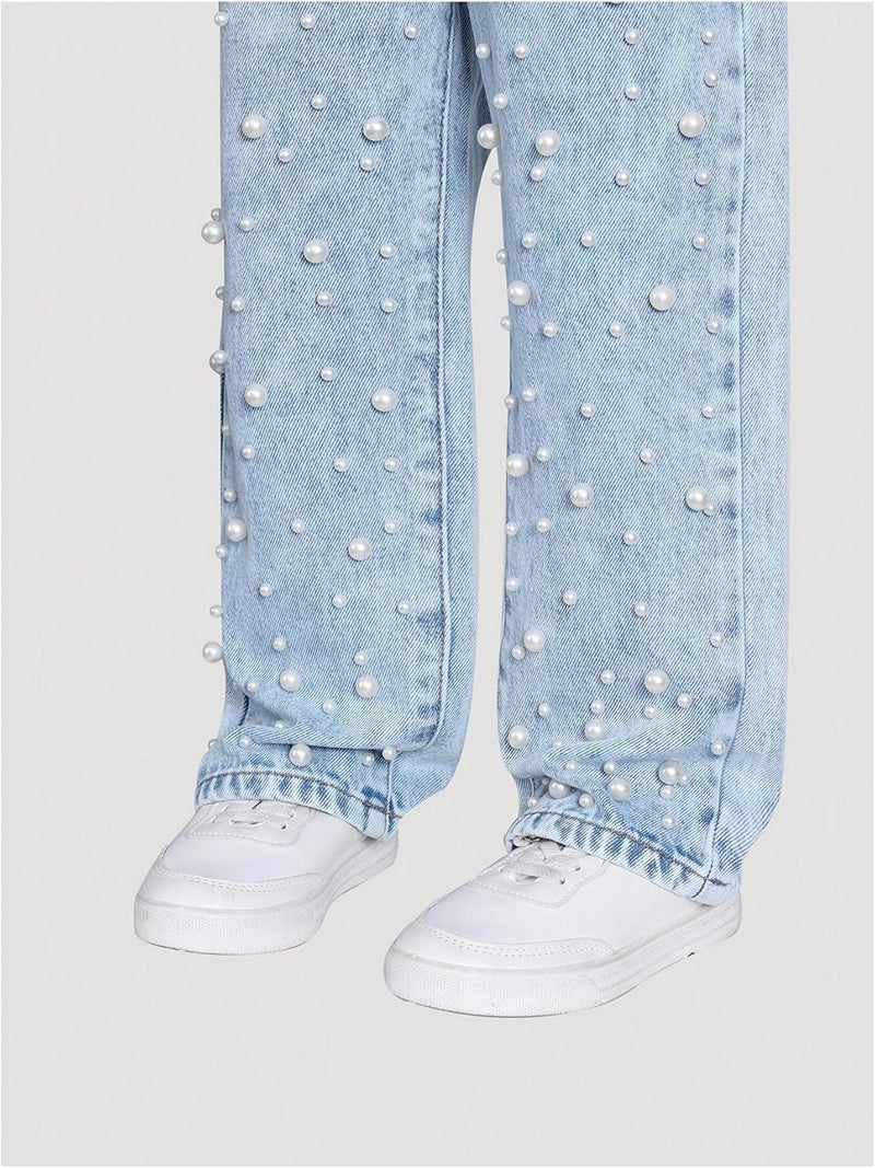 WDIRARA Toddler Girl's Pearls Jeans Elastic Waist Straight Leg Denim Pants - Image 5